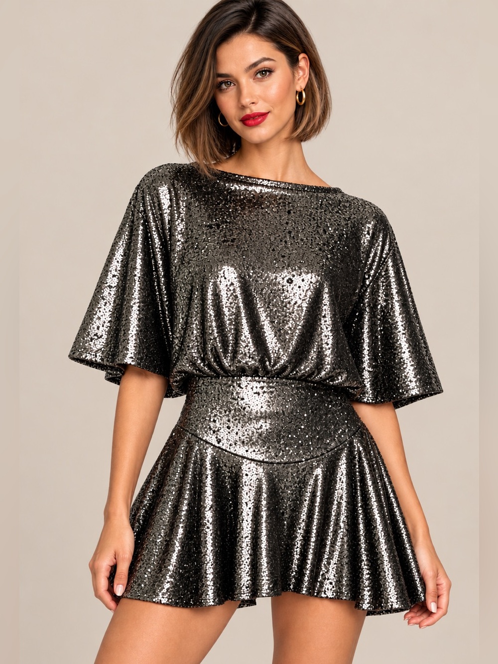 Free People Manuka Gunmetal Sequin Mini Dress Flutter Sleeve Party Dress sz L